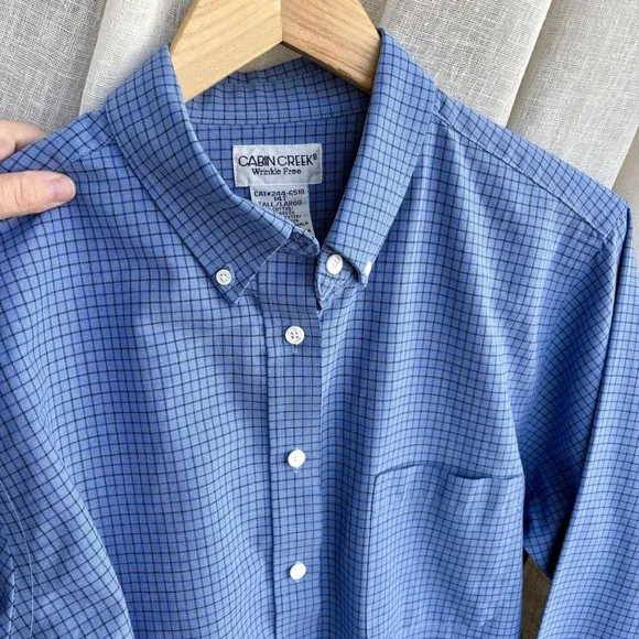 Cabin Creek Wrinkle Free Button Up Shirt Women's 14 Tall Blue Plaid Long Sleeve - Picture 7 of 7
